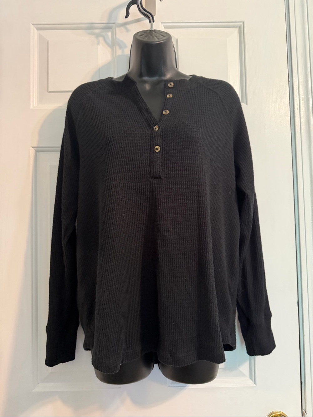 American Eagle Outfitters Black Waffle Henley Long Sleeve Top